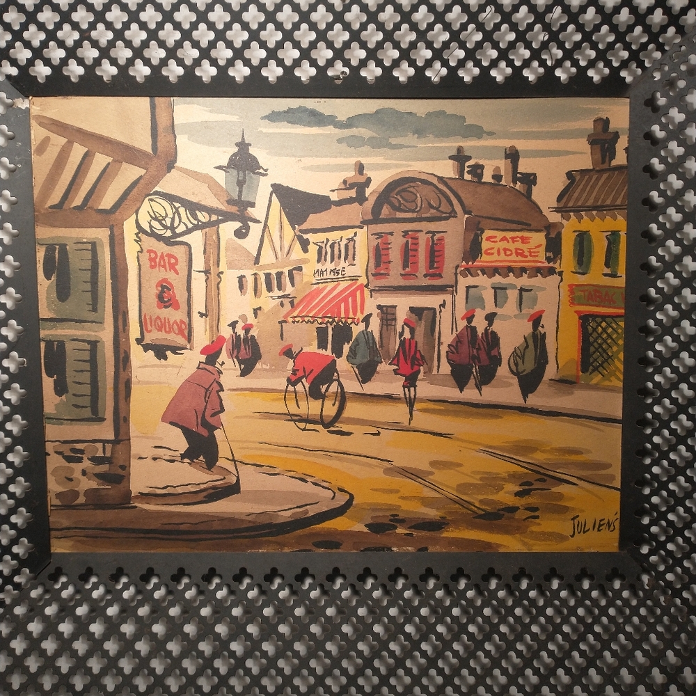 Antique 1920's French cityscape watercolor painting. Signed Juliens